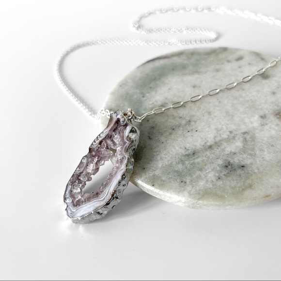 NEW Artisan Lavender Quartz Stone Slice Pendant on Sterling Silver Chain - Picture 9 of 13
